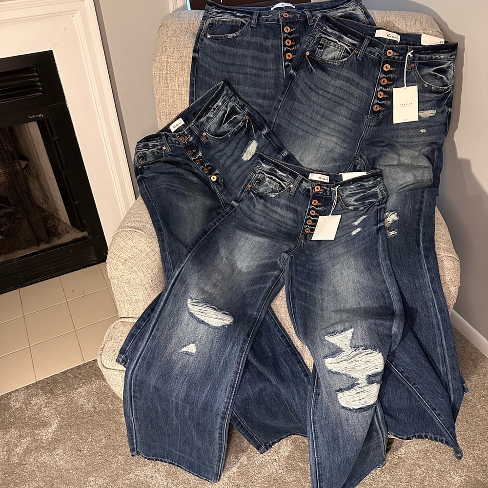KanCan Medium Wash High Rise Distressed Knee Jeans Wide Leg